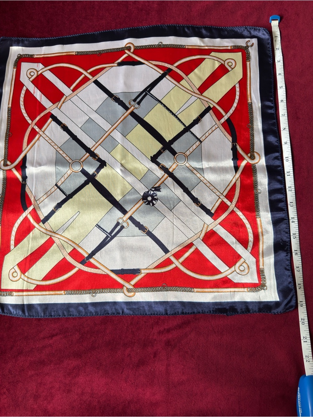 Equestrian Print Silk-Look Scarf in Red, Navy, Cream Sz S